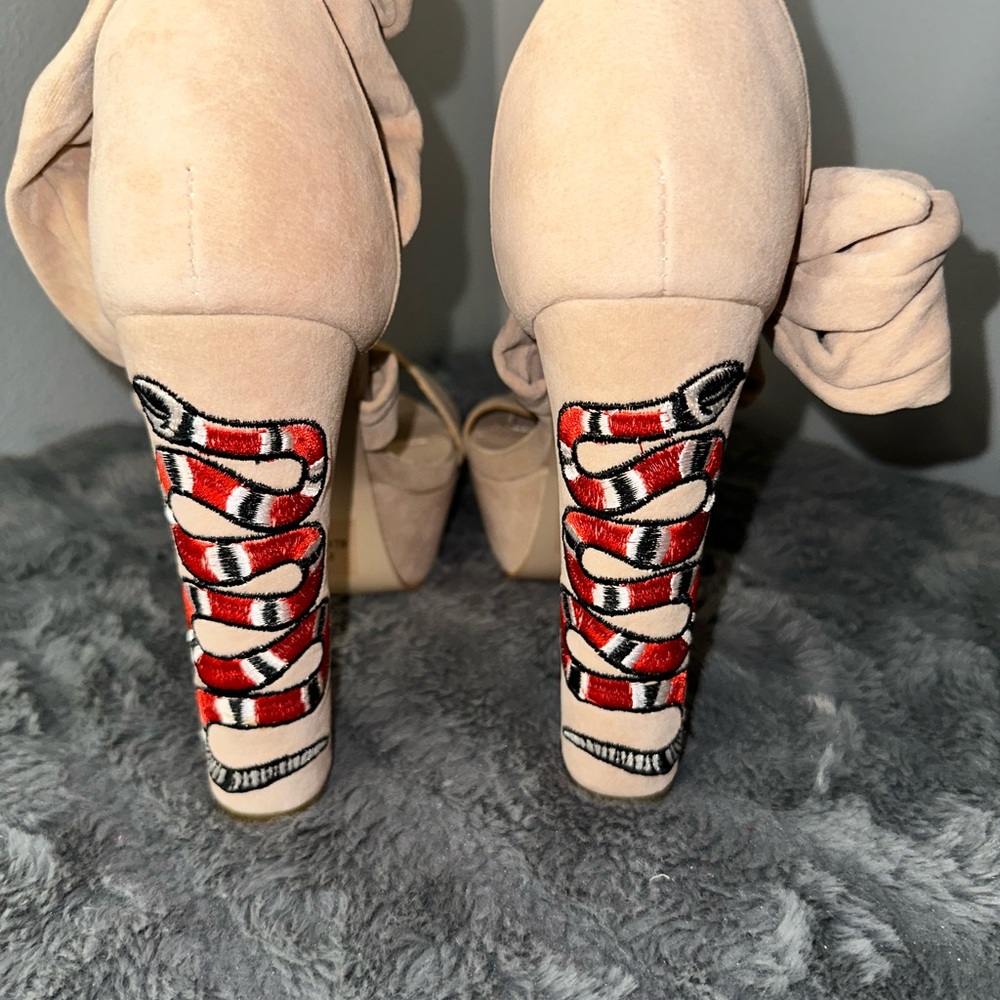 Herstyle Nude Heels with Red Snake Embroidery - Picture 2 of 14